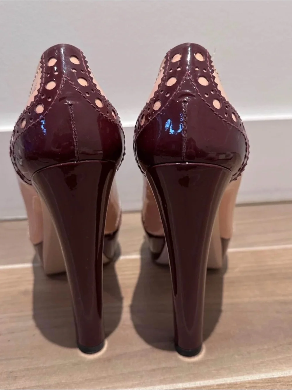 Miu Miu Two-Tone Pink and Burgundy Peep-Toe Bow Pumps - Picture 3 of 5